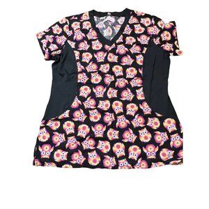 White Cross Women's Medium V-Neck Owl Print Scrub Top Tie Dye Hippie Boho